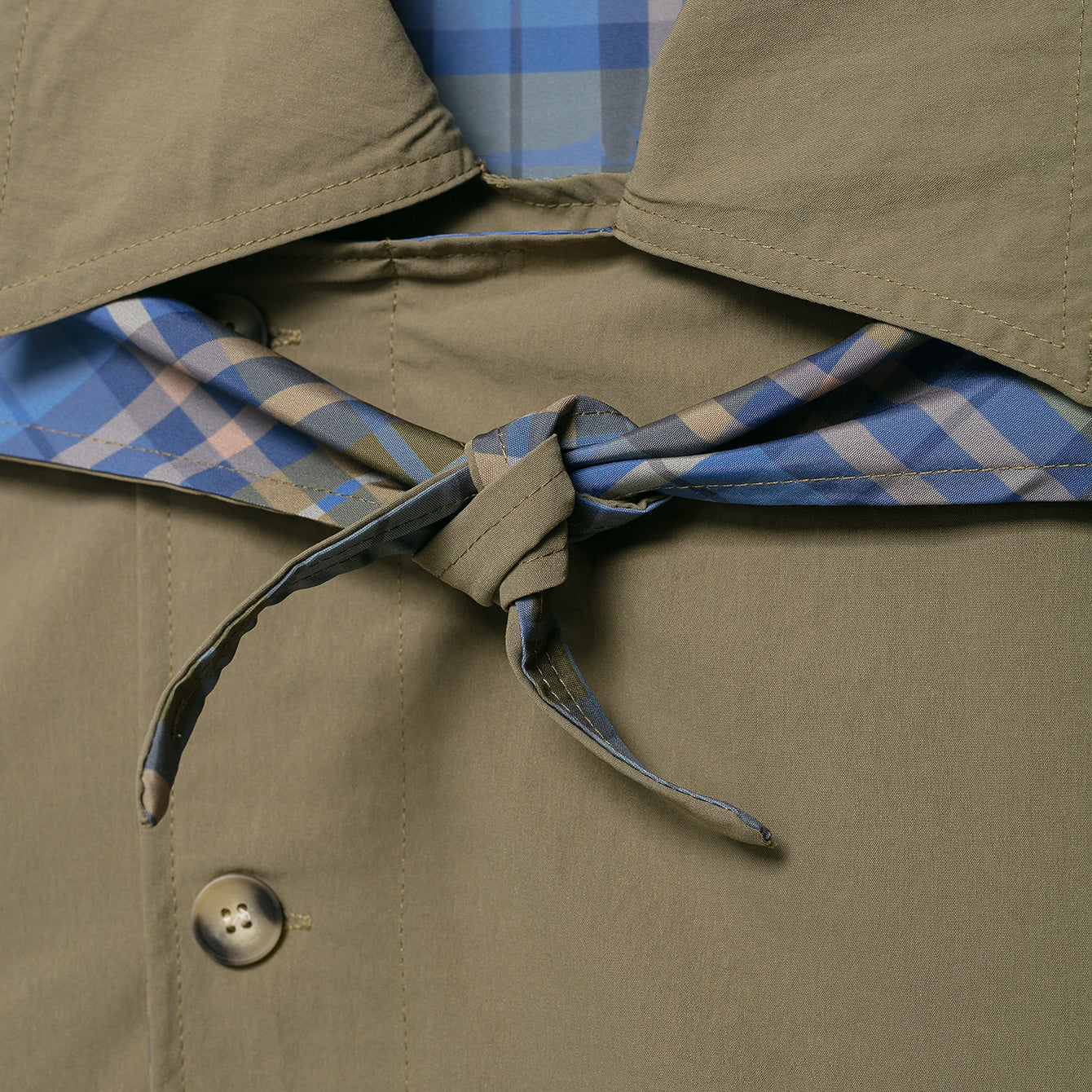 Khaki trench coat with plaid scarf tie in Langry fashion ملابس