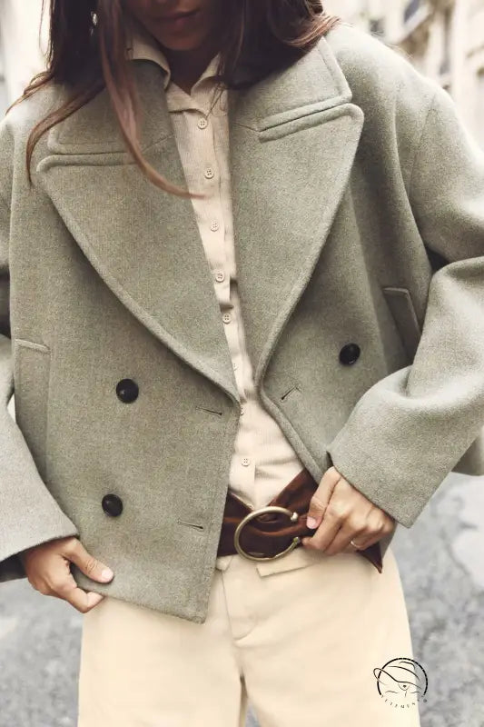 Sage green autumn double row ornament short coat with black buttons and flared sleeves