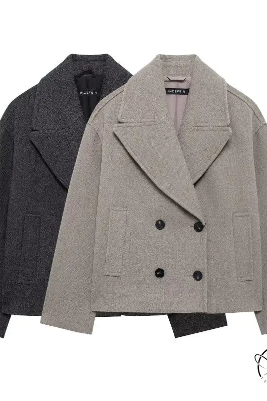 Gray autumn double row ornament short coat with black lapels