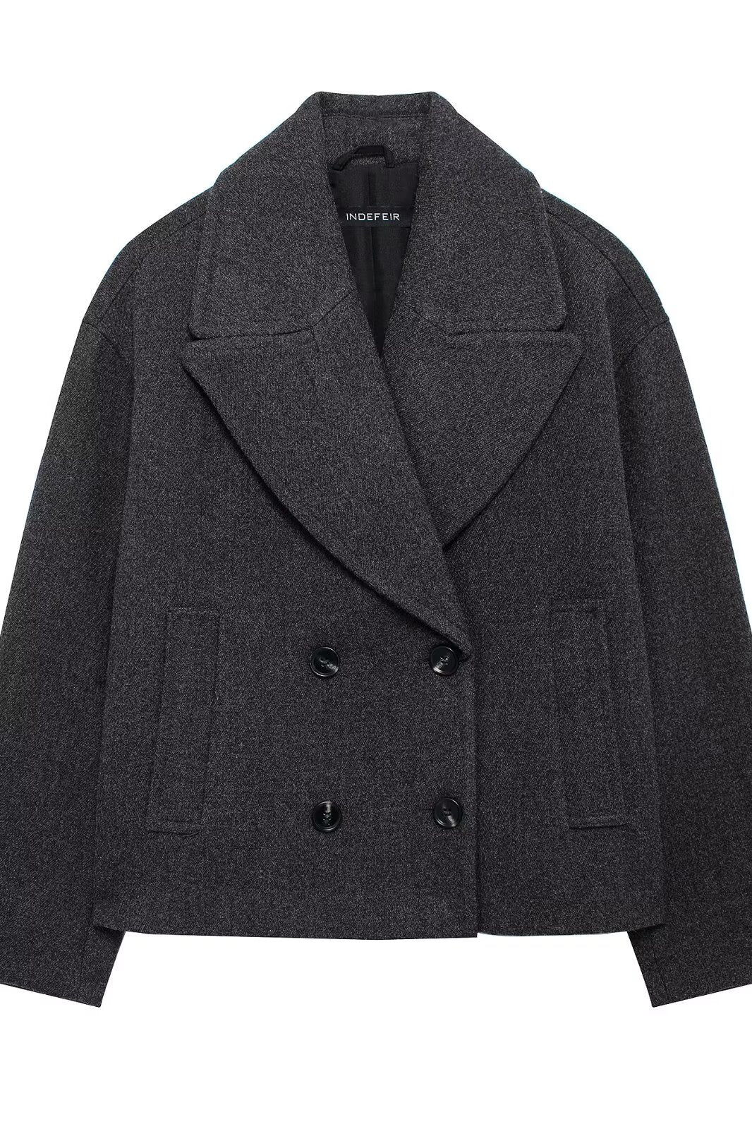 Charcoal gray langry double-breasted wool jacket with patch pockets
