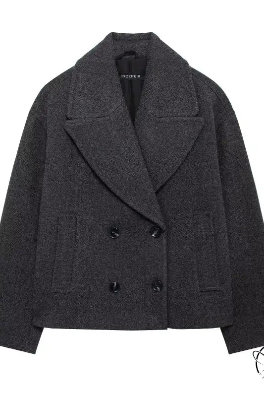 Autumn double row ornament short coat in charcoal gray wool with patch pockets