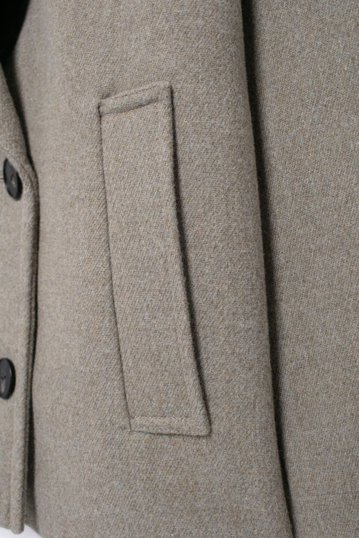 Gray wool pea coat with rectangular patch pocket and button closure, Langry fashion ملابس