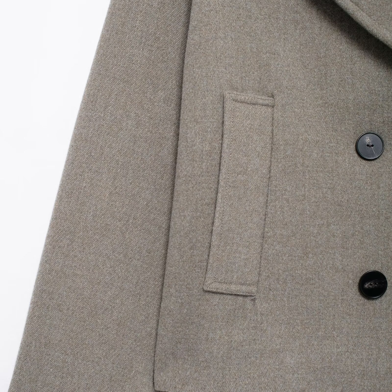 Langry fashion gray wool pea coat with black buttons and patch pocket