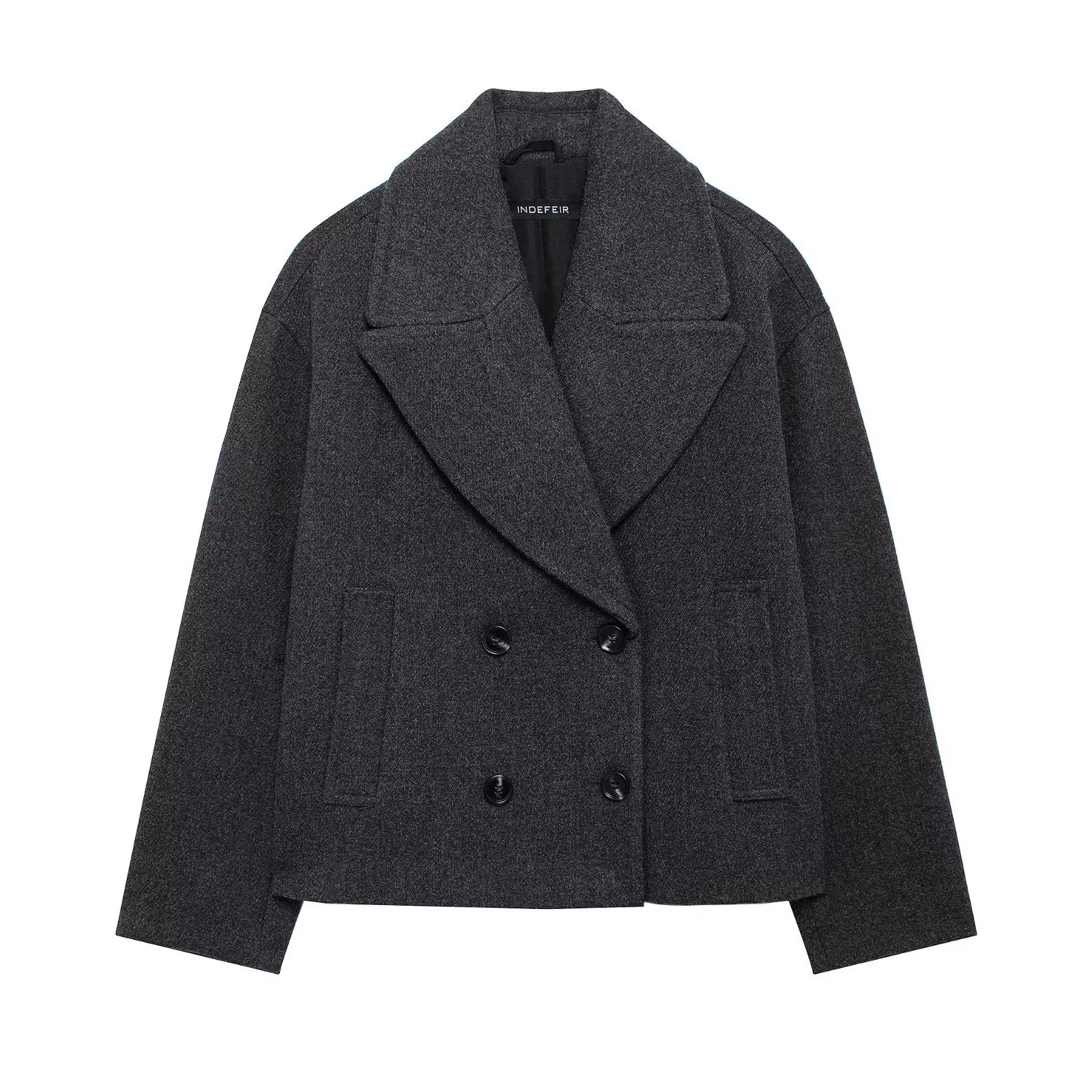 Langry fashion charcoal gray double-breasted wool jacket with patch pockets