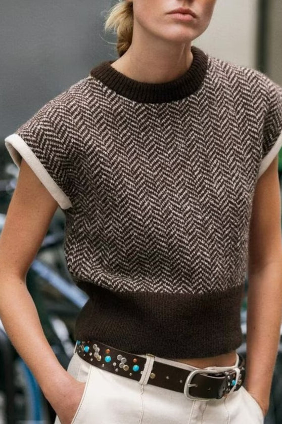 Elegant Langry brown and white herringbone short-sleeve fashion knit vest top