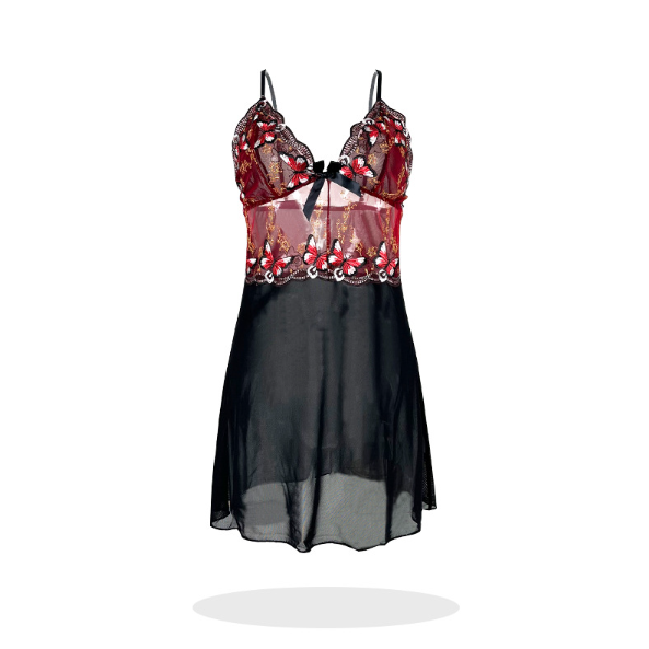 Black and red butterfly lace embroidery lingerie nightdress with sheer floral fabric