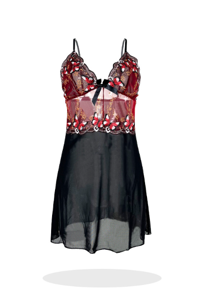 Black and red butterfly lace embroidery lingerie nightdress with sheer floral fabric