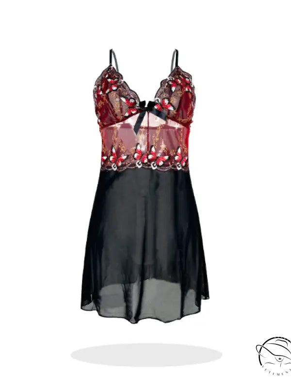 Black and red butterfly lace embroidery lingerie nightdress with sheer floral fabric