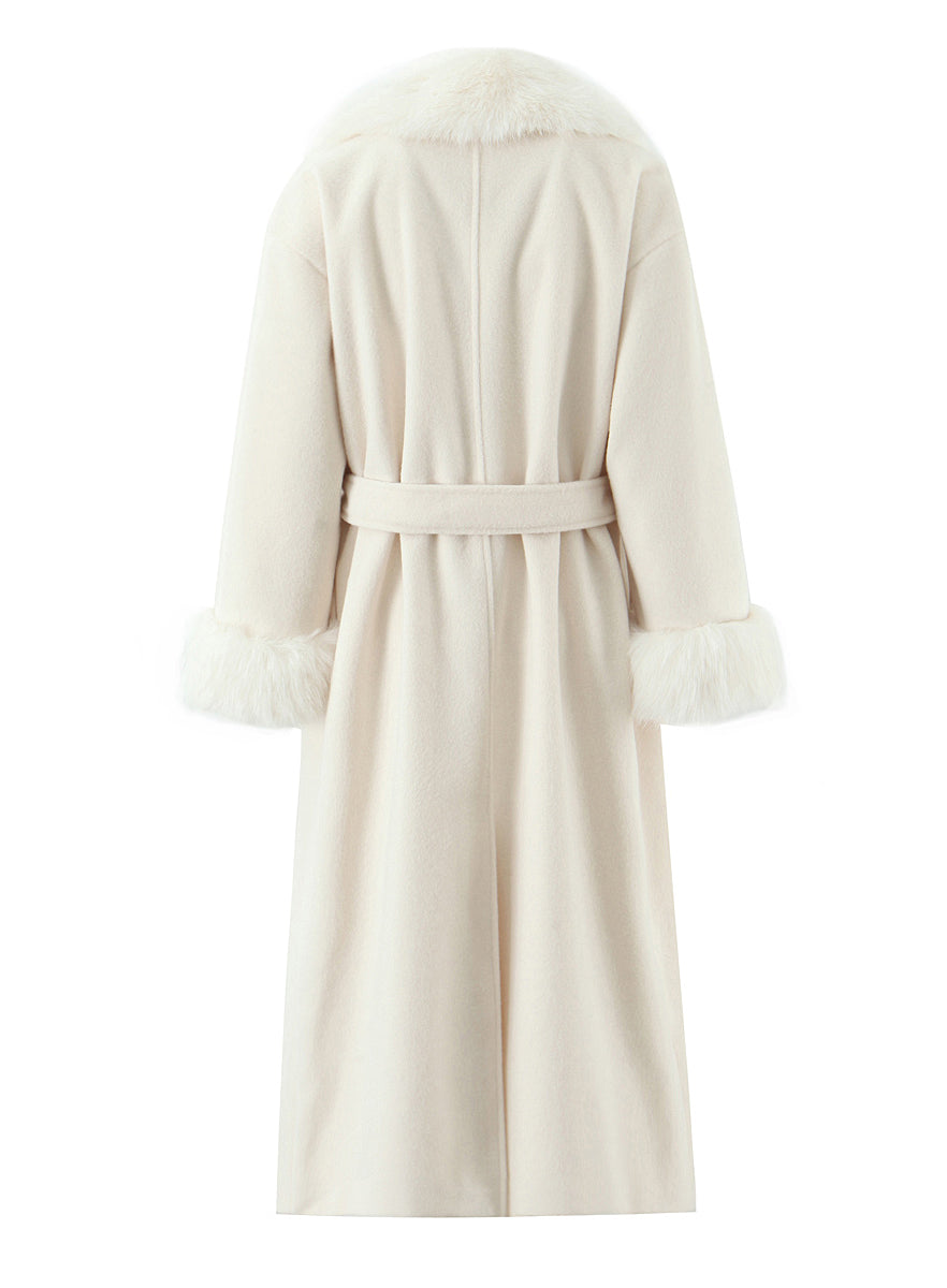 Elegant langry fashion cream faux fur coat with belt