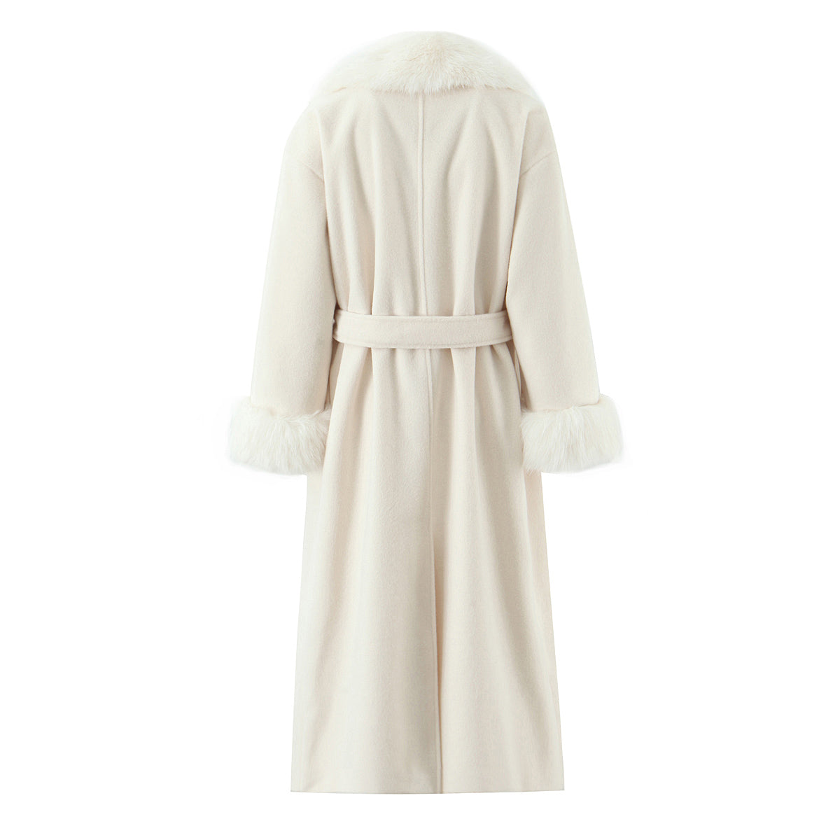 Elegant langry fashion cream faux fur coat with belt