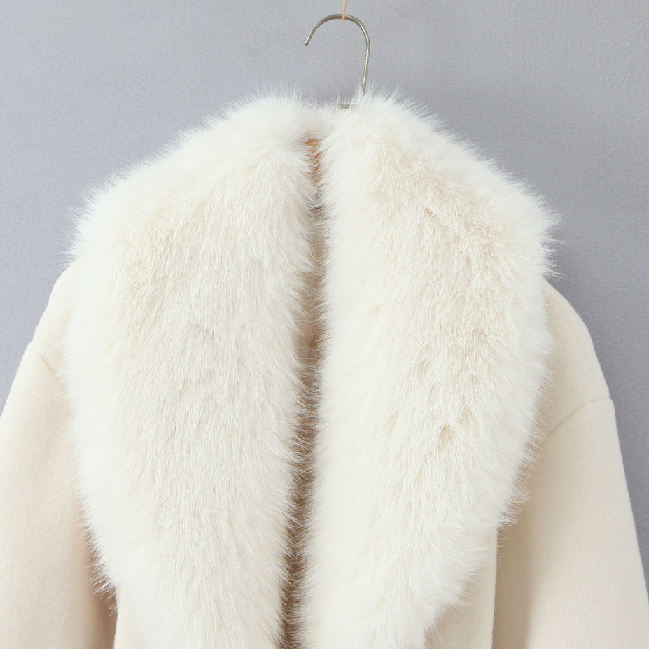 Elegant langry fashion cream faux fur hooded coat with zipper