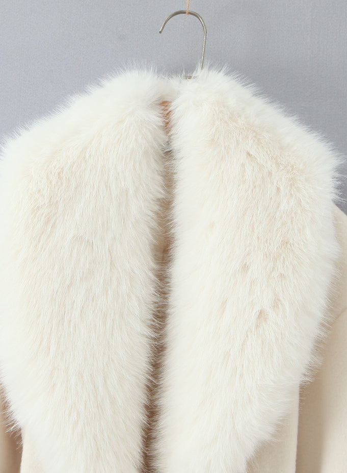 Elegant langry fashion cream faux fur hooded coat with zipper