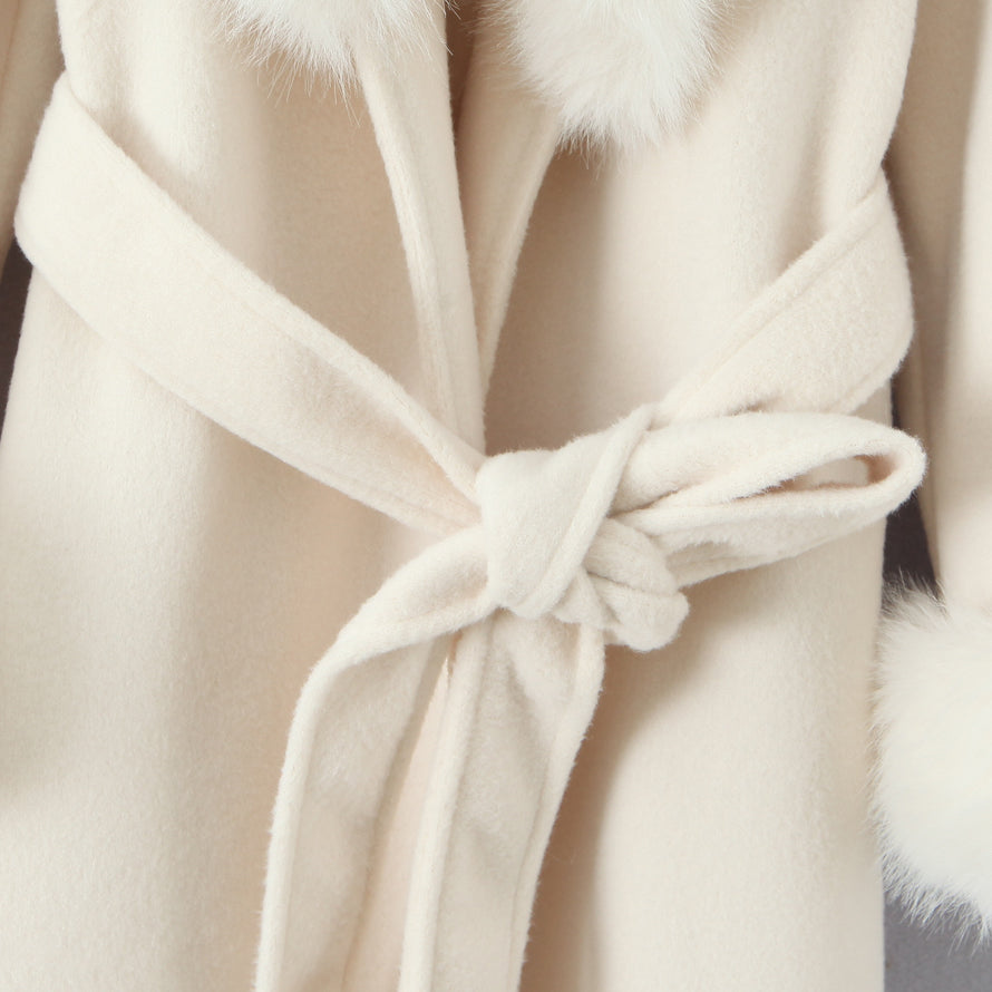 Elegant Langry fashion white woolen coat with cream fur trim and bow belt