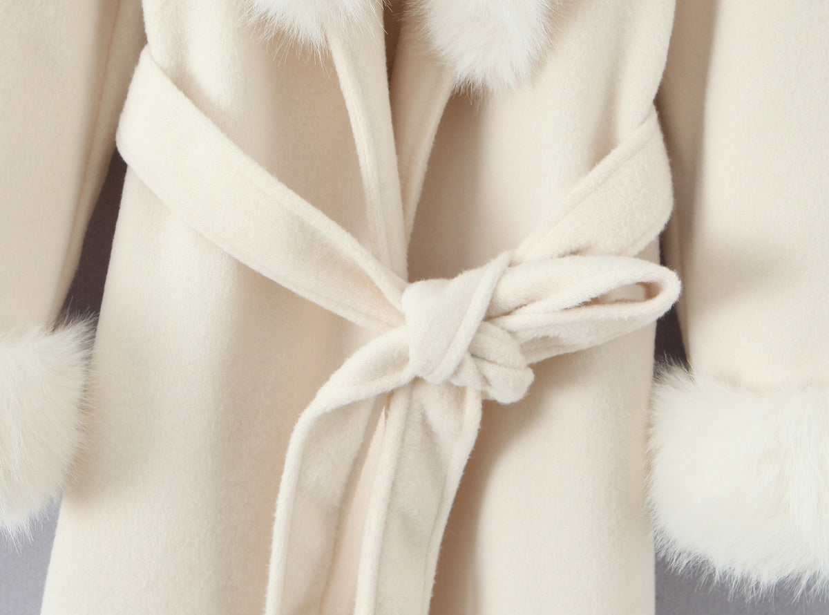 Elegant Langry fashion white woolen coat with cream fur trim and bow belt