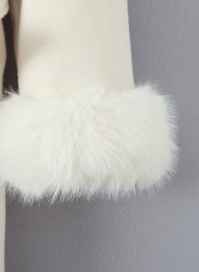 Elegant langry fashion white woolen coat with fluffy wrist warmer and fur trim