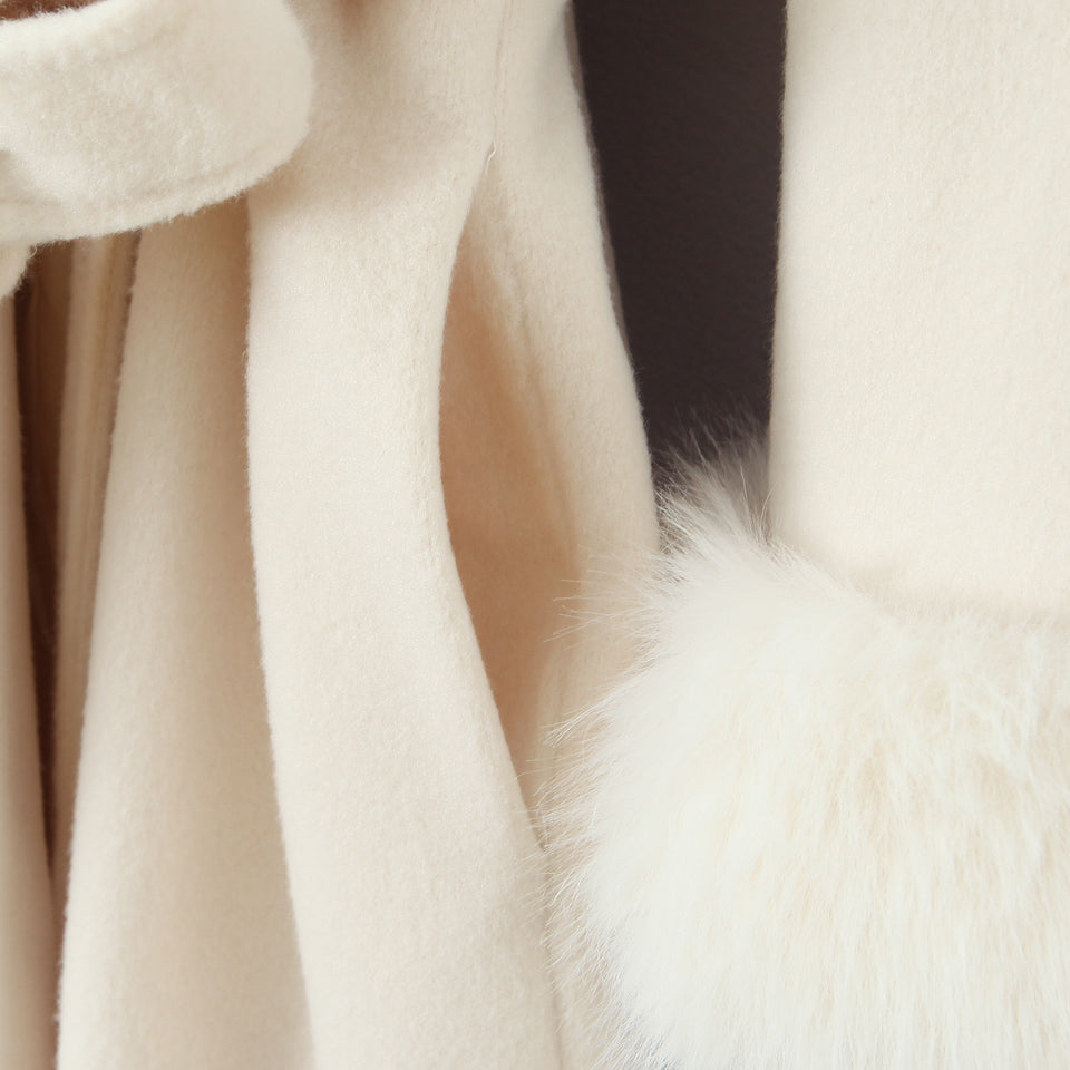Elegant langry big fur collar belt white woolen long coat with fluffy texture
