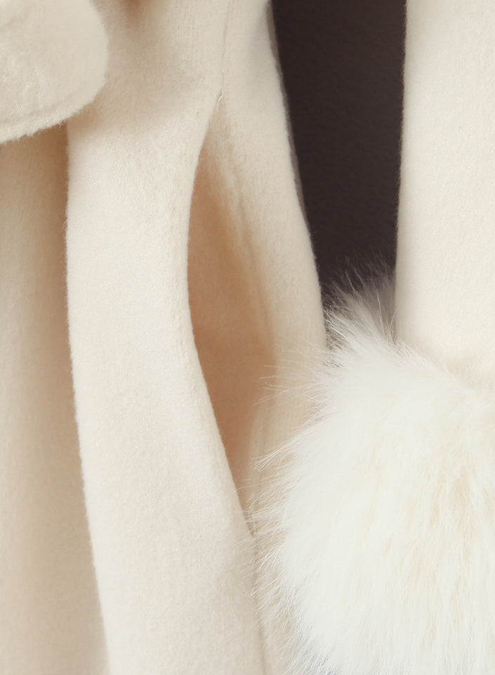 Elegant langry big fur collar belt white woolen long coat with fluffy texture