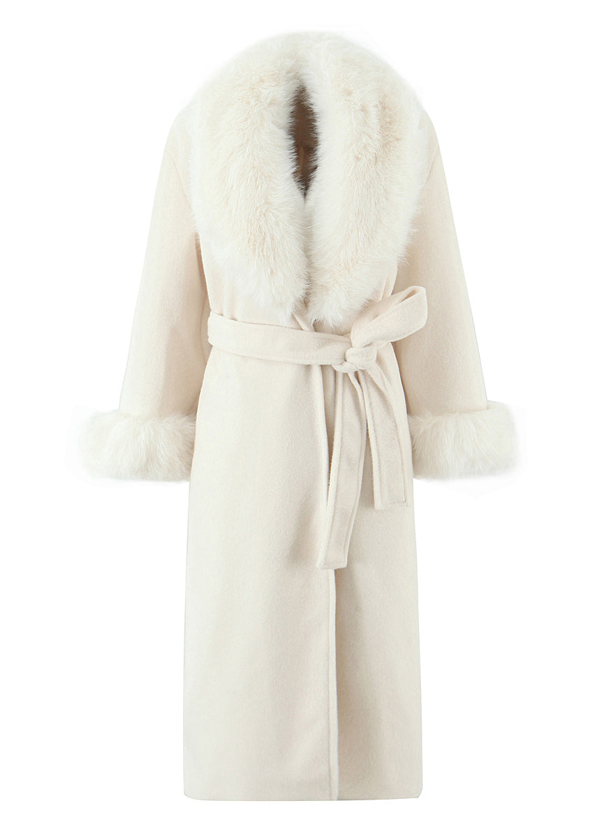 Elegant langry fashion cream faux fur belt hood long coat