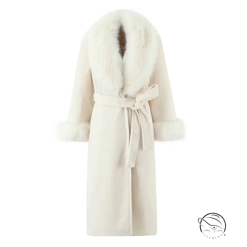 Elegant langry fashion white woolen long coat with big fur collar, belt and hood