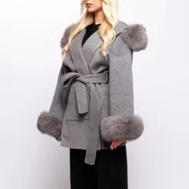 Langry fashion grey fur-trimmed woolen hooded mid-length overcoat