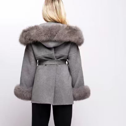 Langry fashion grey fur-trimmed hooded woolen overcoat with belt