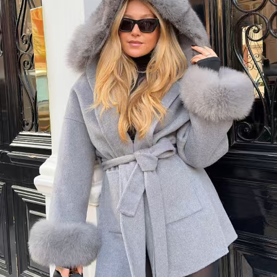 Light gray fur-trimmed Prada winter hooded woolen overcoat in langry fashion ملابس