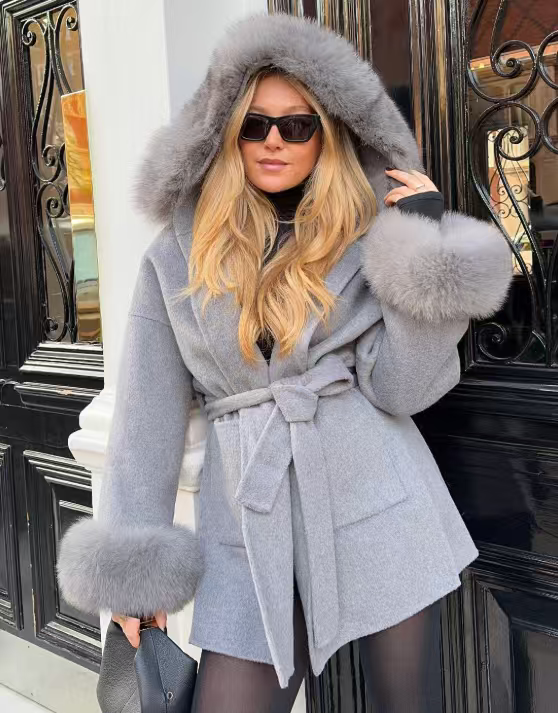 Light gray fur-trimmed Prada winter hooded woolen overcoat in langry fashion ملابس