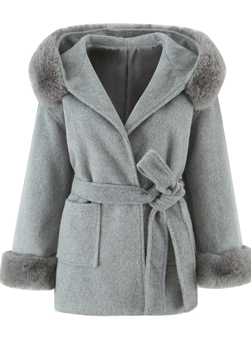 Langry fashion winter mid-length woolen hooded overcoat with fur trim and belt