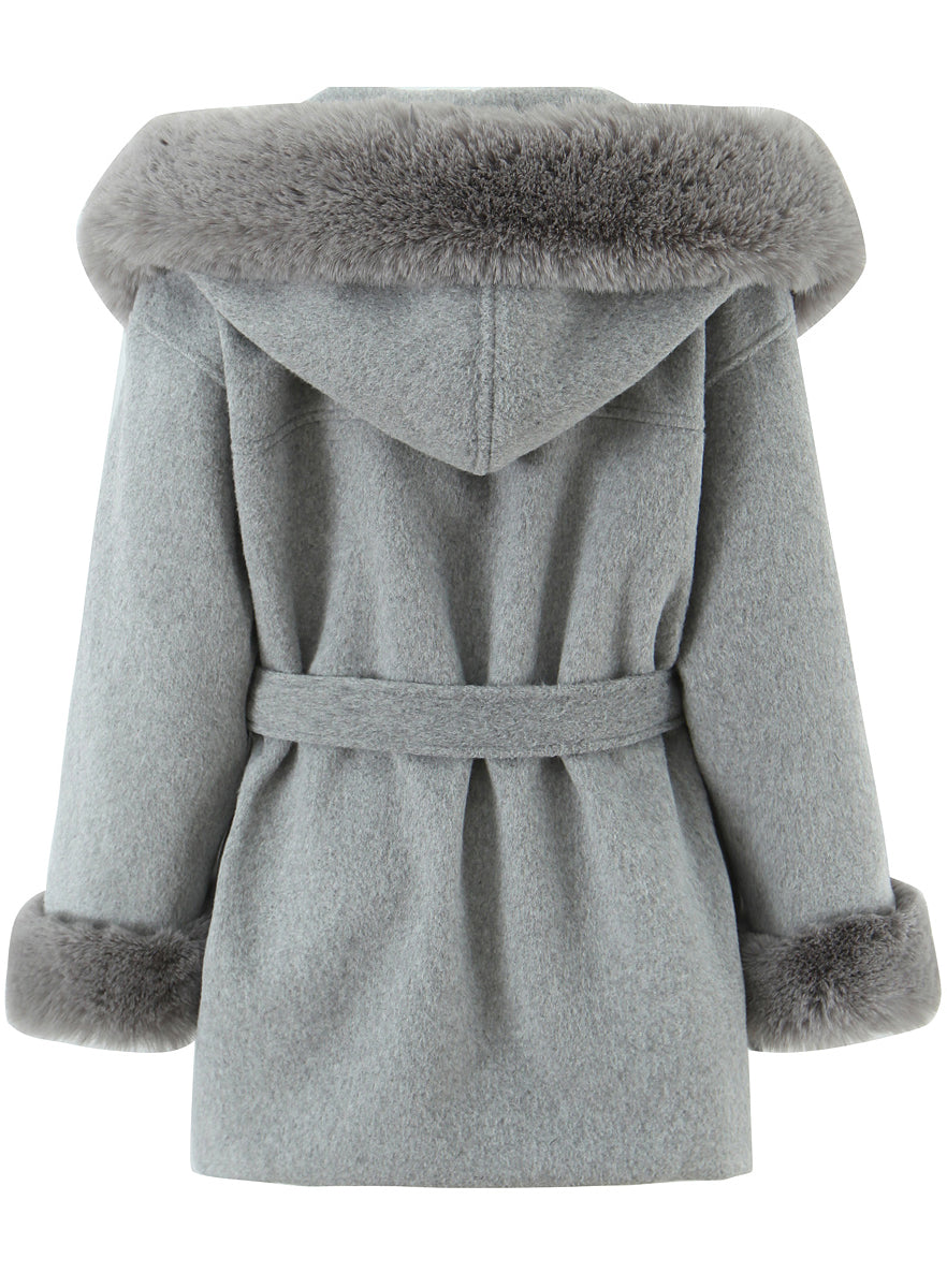 Langry fashion winter mid-length hooded woolen overcoat in light gray faux fur