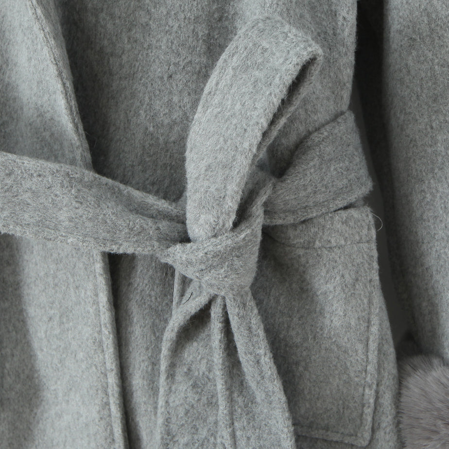 Gray langry fashion wool coat with bow tie belt in winter hooded overcoat