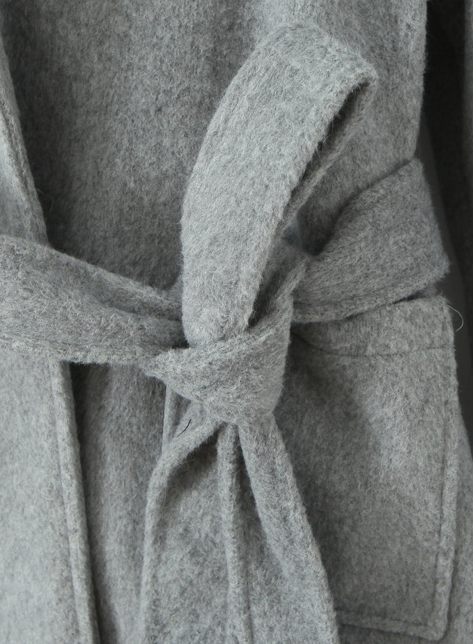 Gray langry fashion wool coat with bow tie belt in winter hooded overcoat