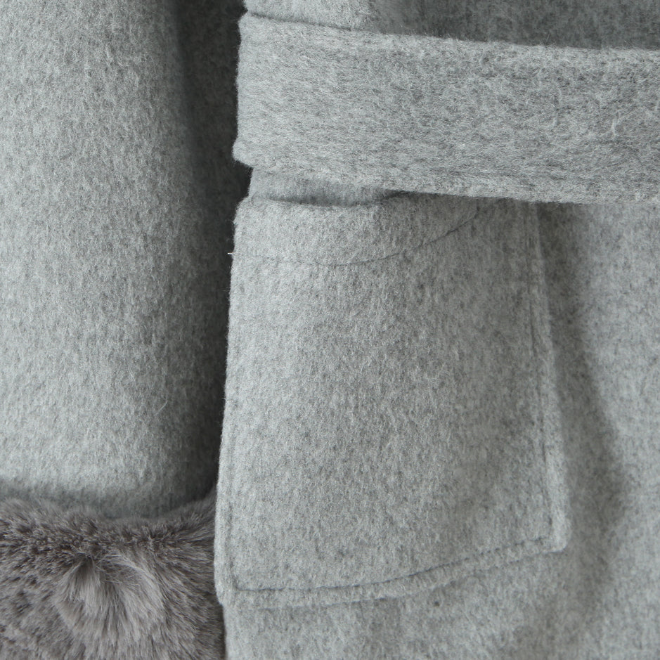 Langry fashion grey wool coat with fur trim and pockets