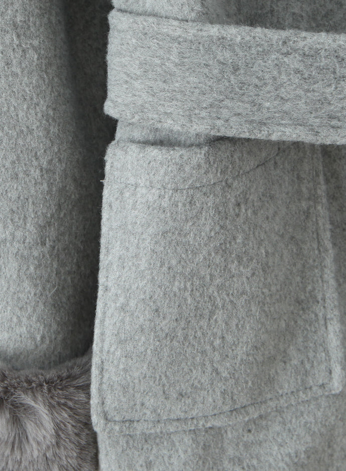 Langry fashion grey wool coat with fur trim and pockets