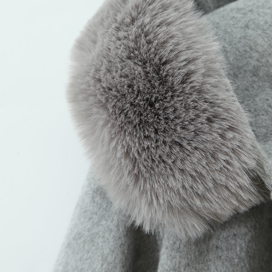 Langry fashion winter mid-length hooded woolen overcoat with grey fluffy fur collar