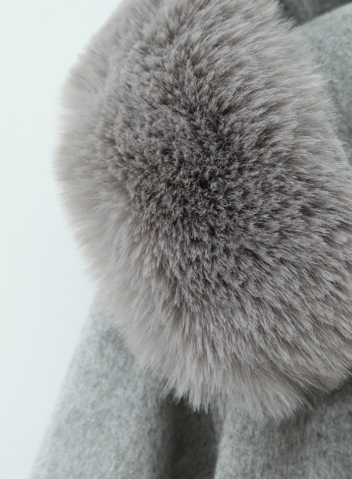 Langry fashion winter mid-length hooded woolen overcoat with grey fluffy fur collar