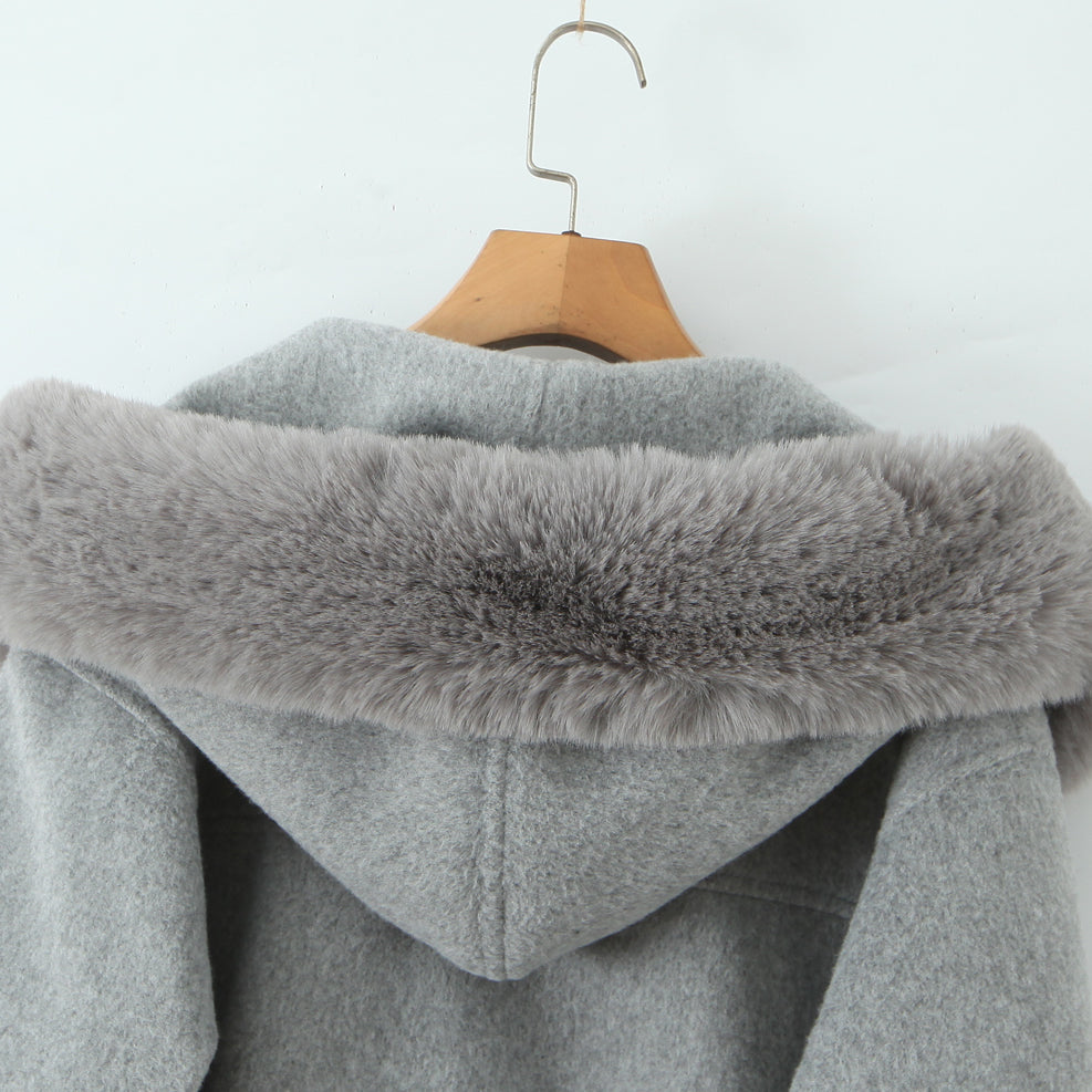 Langry fashion winter hooded woolen overcoat on wooden hanger