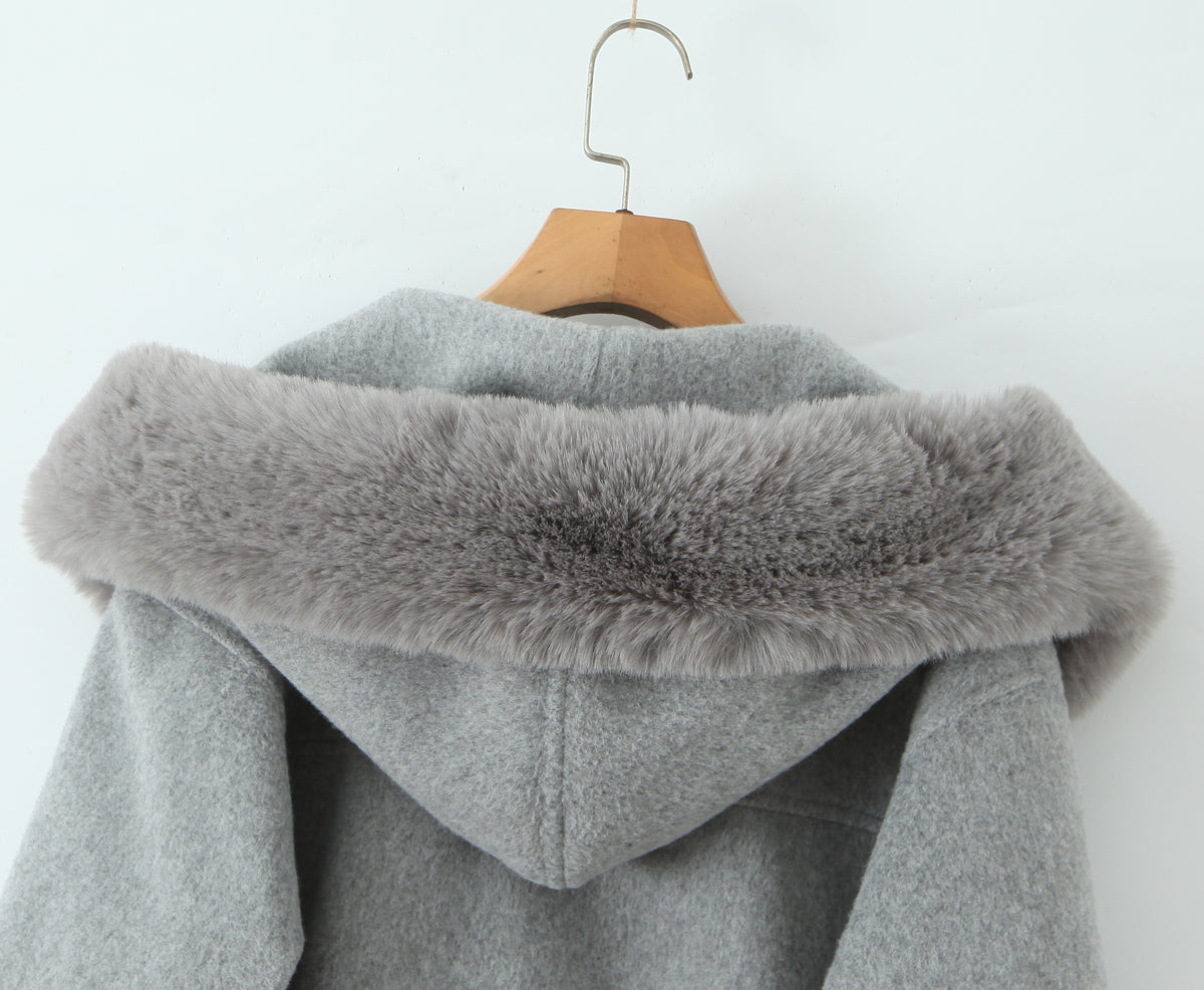 Langry fashion winter hooded woolen overcoat on wooden hanger
