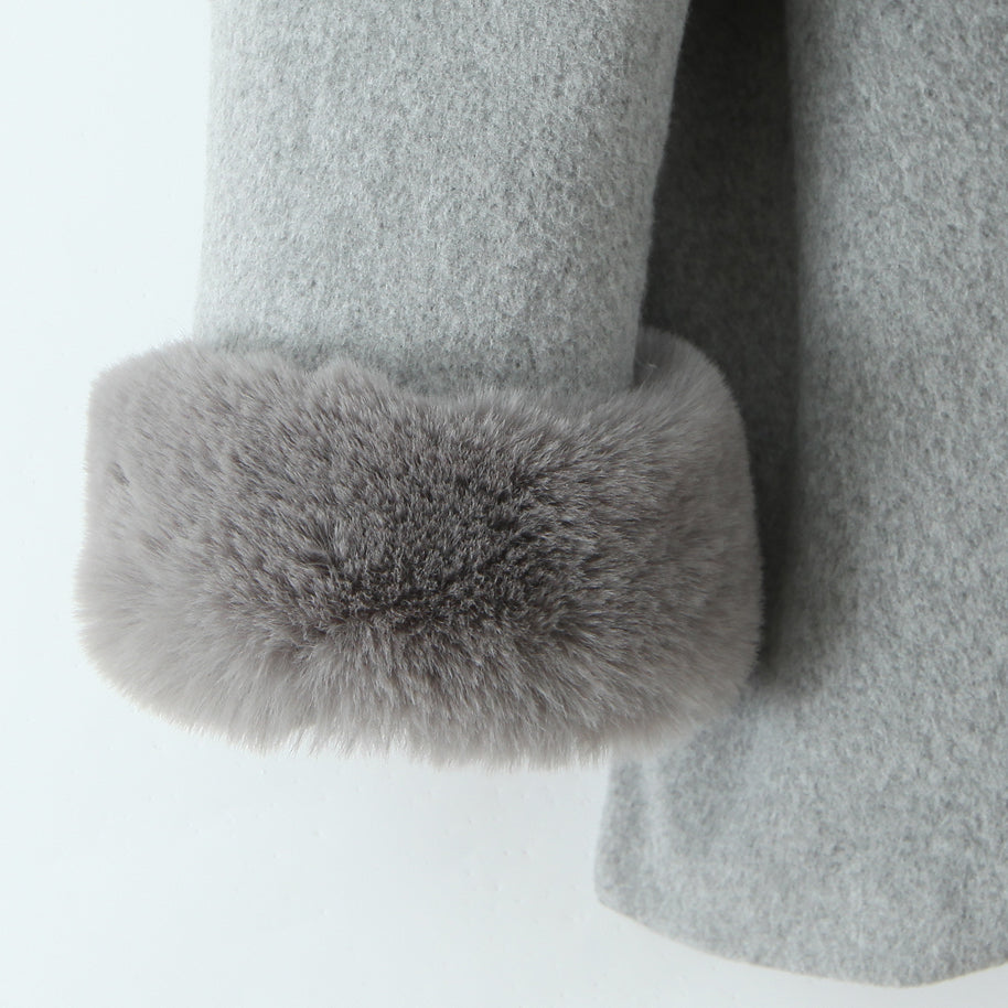 Gray fur-trimmed sleeve with button detail on Langry fashion winter hooded overcoat