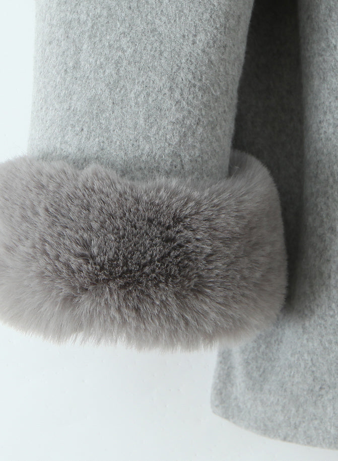 Gray fur-trimmed sleeve with button detail on Langry fashion winter hooded overcoat
