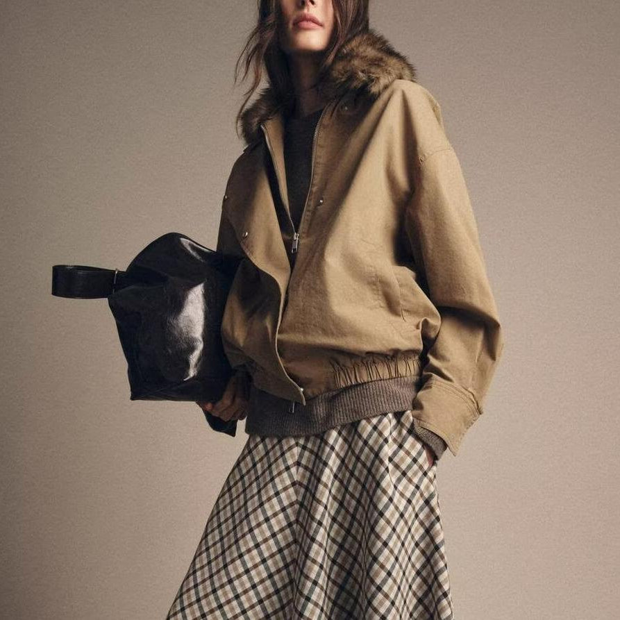 Elegant Langry fur collar bomber jacket in brown with plaid skirt