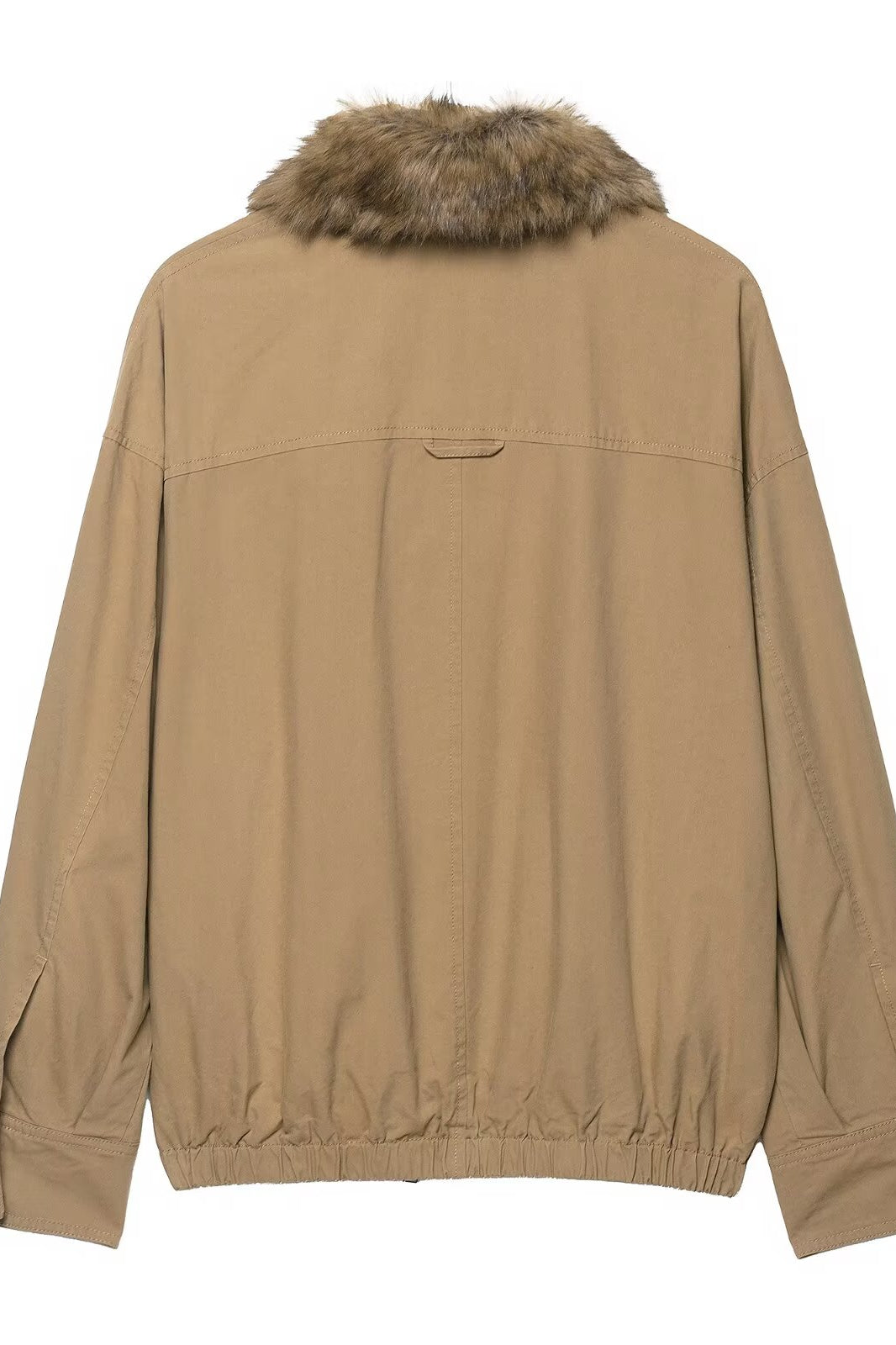 Elegant Langry fur collar bomber jacket in beige with drawstring waist and pockets, fashion ملابس