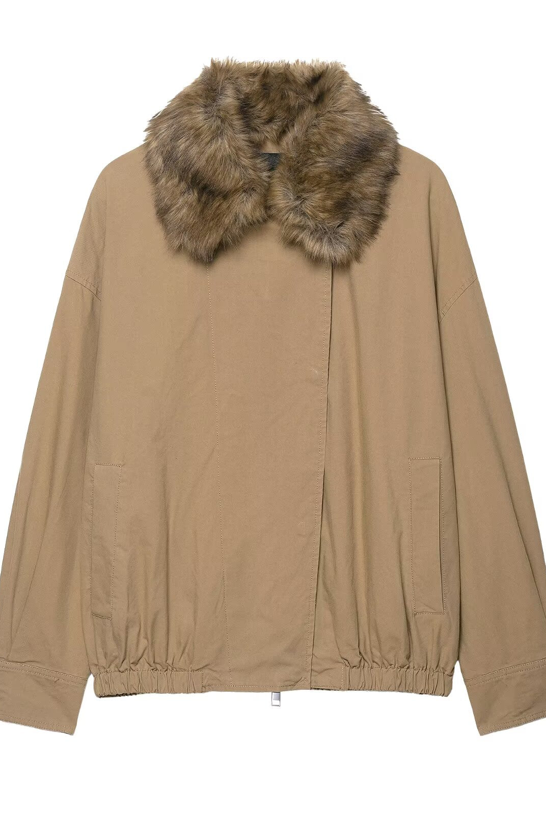 Elegant Langry fur collar bomber jacket in beige fashion ملابس