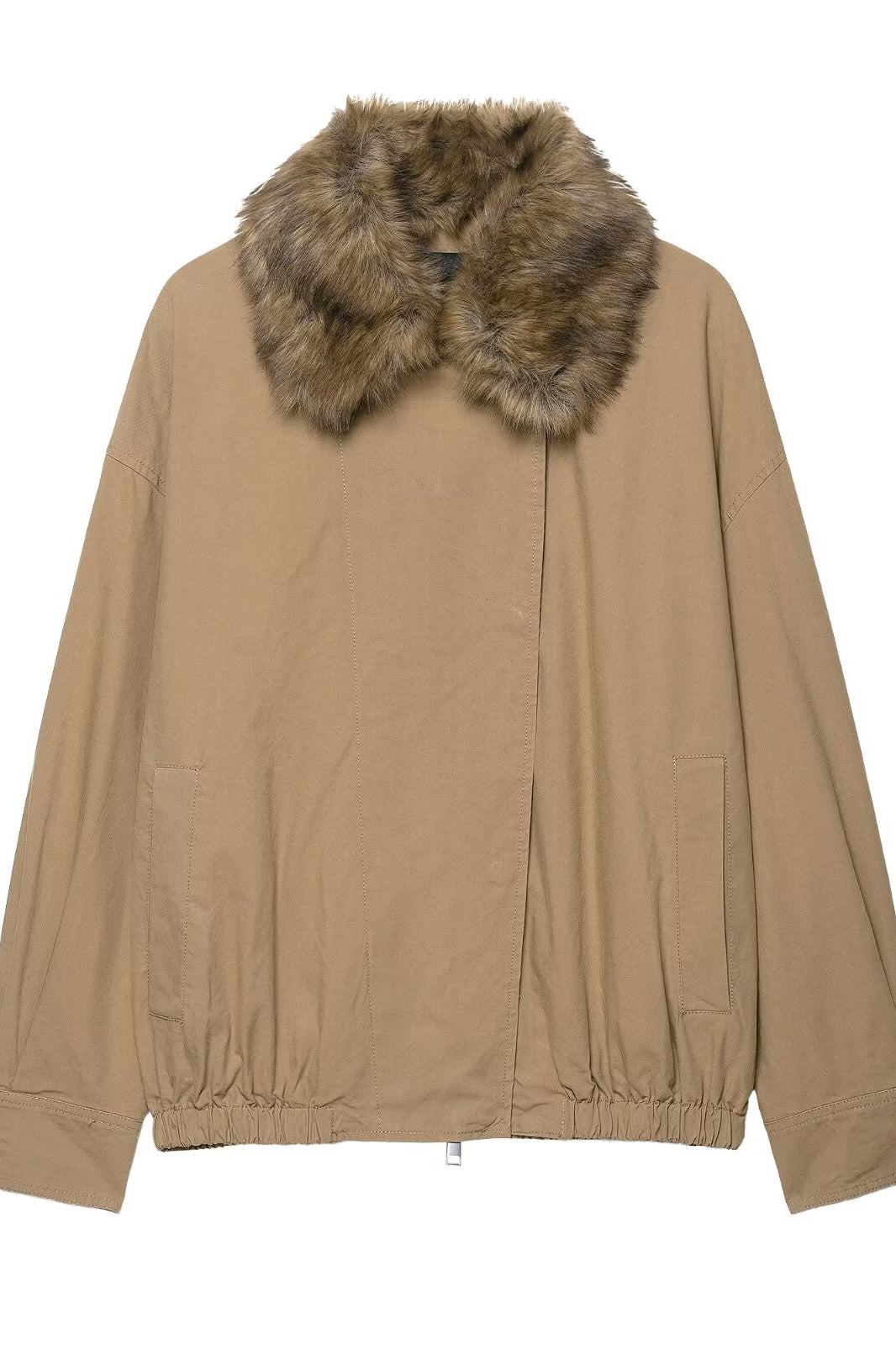 Elegant Langry fur collar bomber jacket in beige fashion ملابس