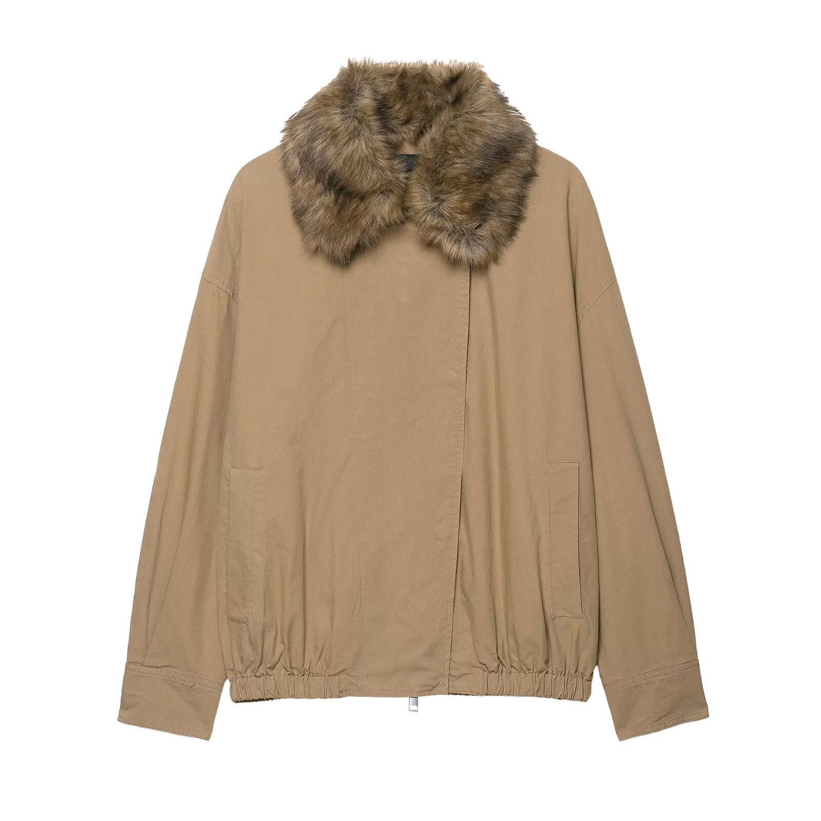 Elegant Langry fur collar bomber jacket in beige fashion ملابس