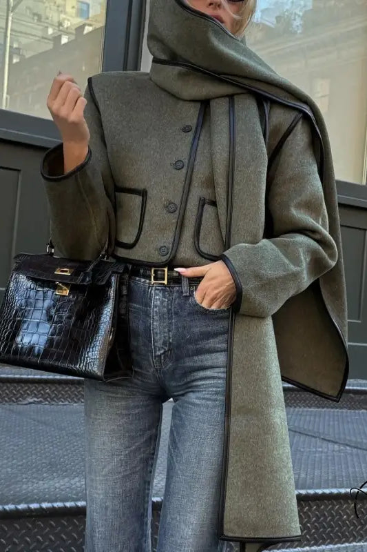 Langry fashion black crocodile crossbody bag in cozy woolen coat