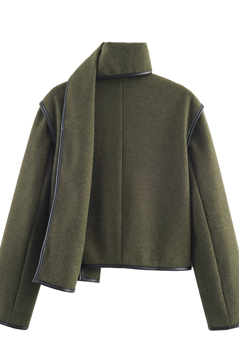 Langry olive green cropped woolen baggy coat with high collar and zipper details