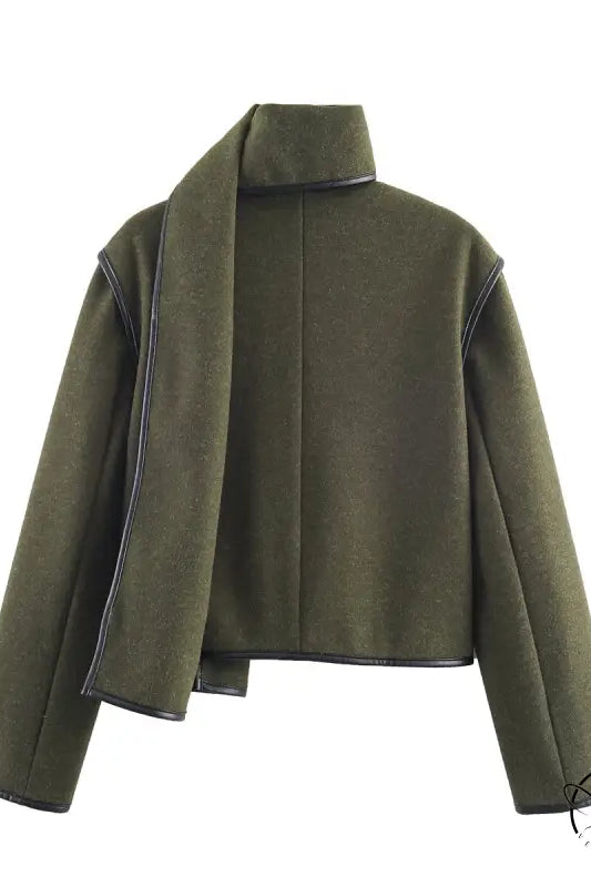 Langry fashion olive green cropped woolen coat with high collar zipper