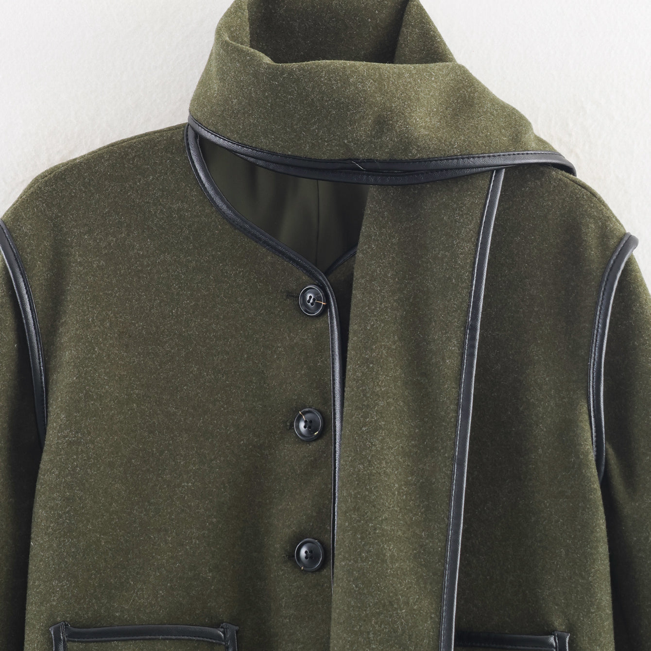 Langry fashion olive green wool coat with black trim and military style