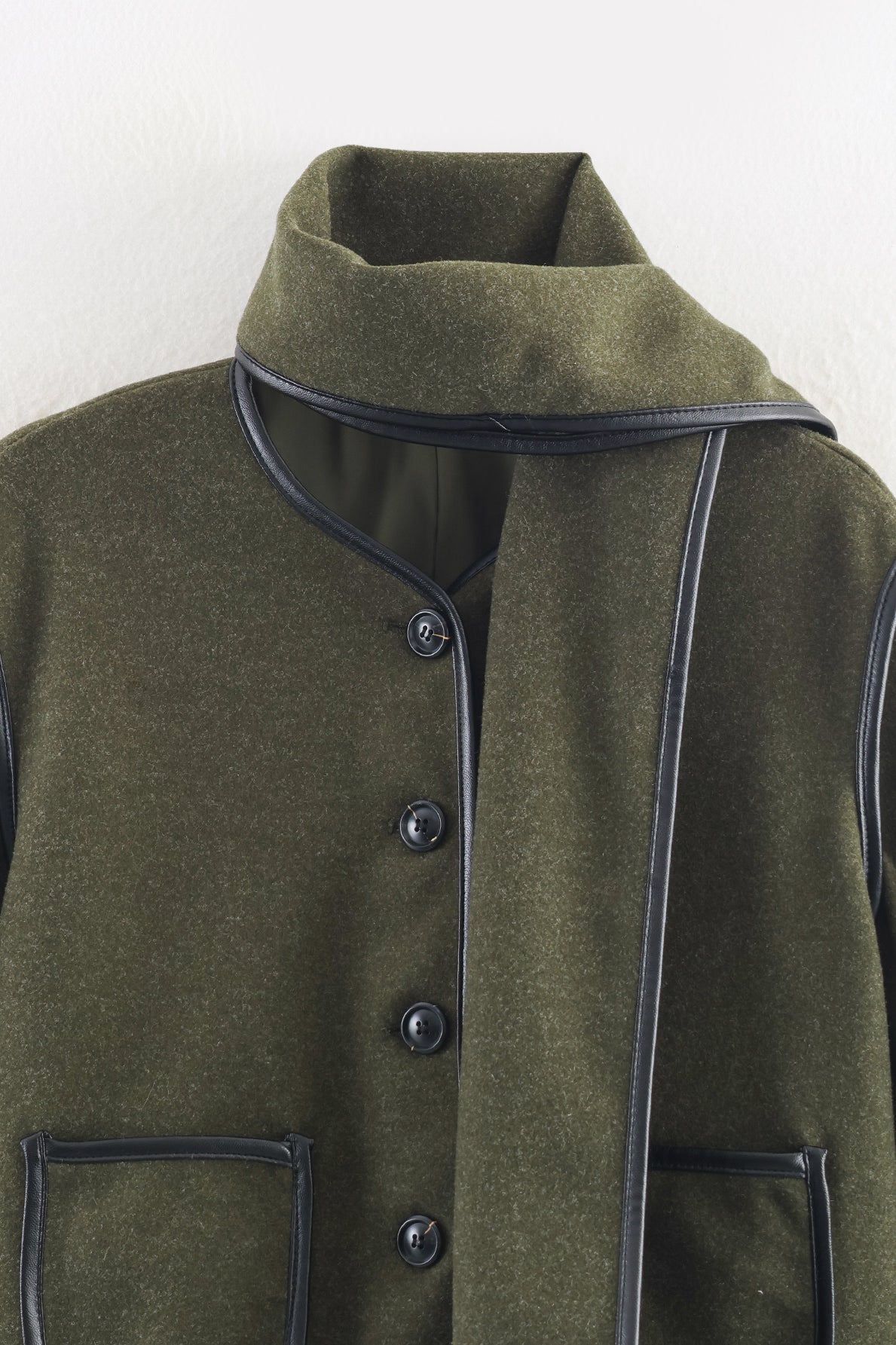 Langry fashion olive green wool coat with black trim and military style