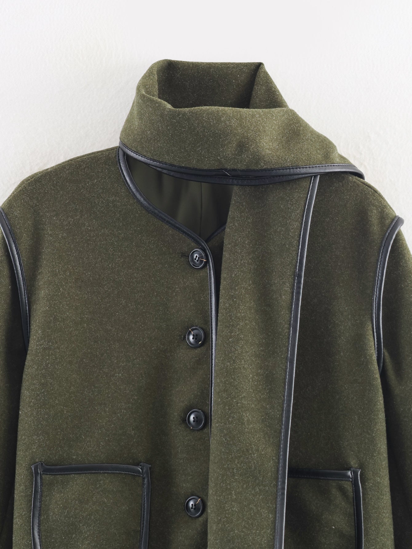 Langry fashion olive green wool coat with black trim and military style